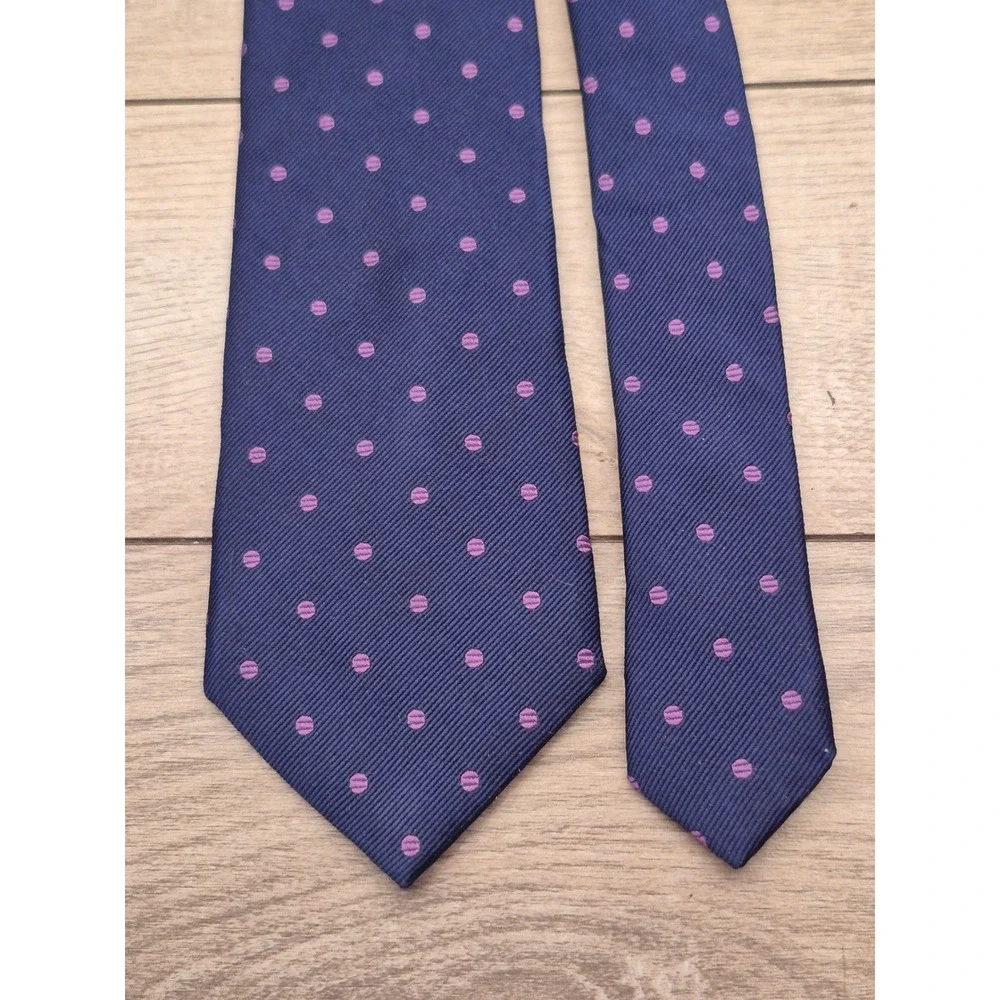 TM Lewin Mens Navy Blue Purple Polka Dot Pure Silk Handmade Necktie Tie